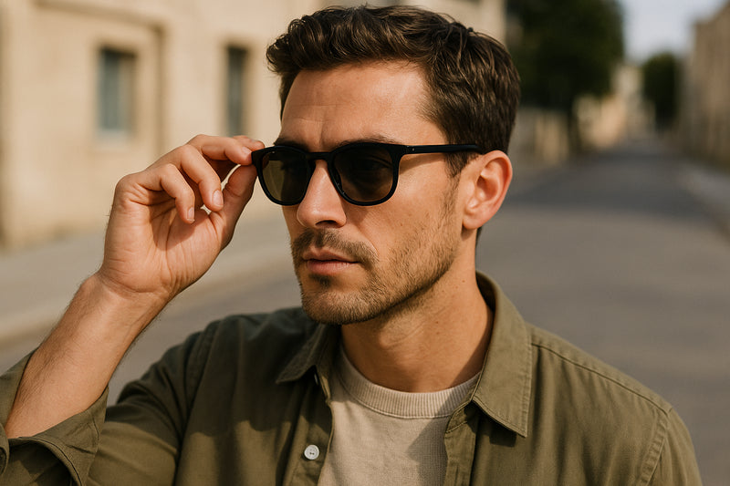 Adult wearing sunglasses that sit level across the face