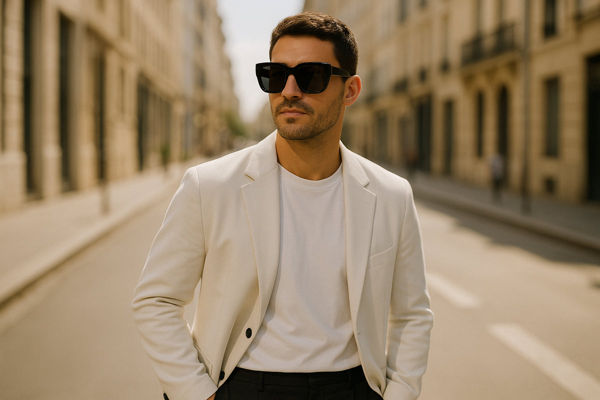 Adult wearing oversized black sunglasses with a monochrome street-style outfit