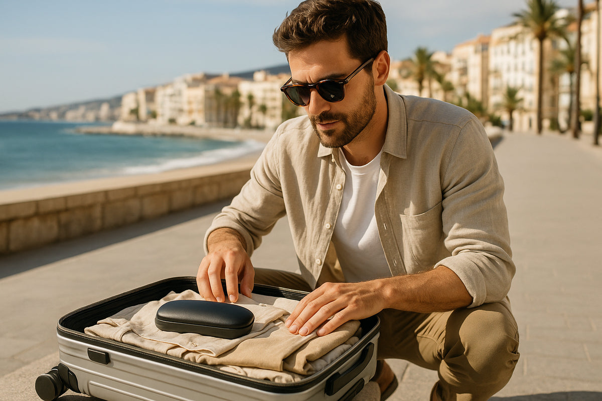 Traveller wearing sunglasses beside a carry-on bag on a sunny coastal city break