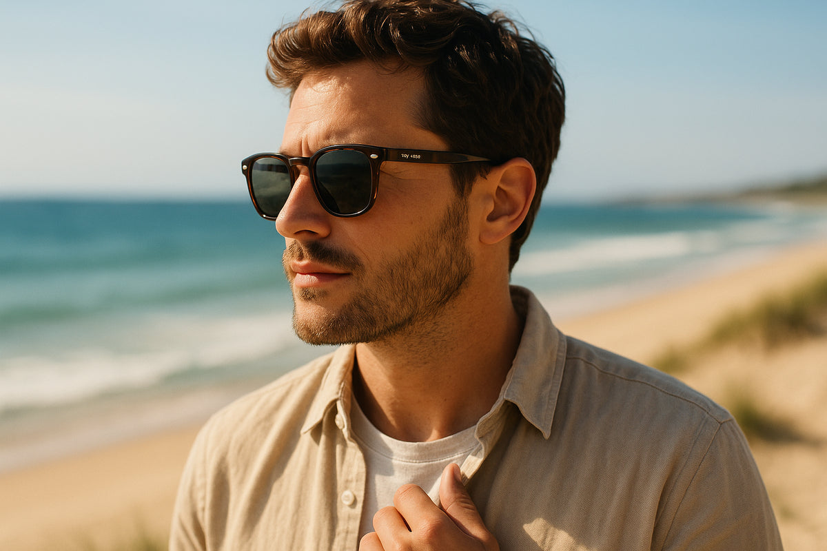 Adult wearing sunglasses beside bright water and sand