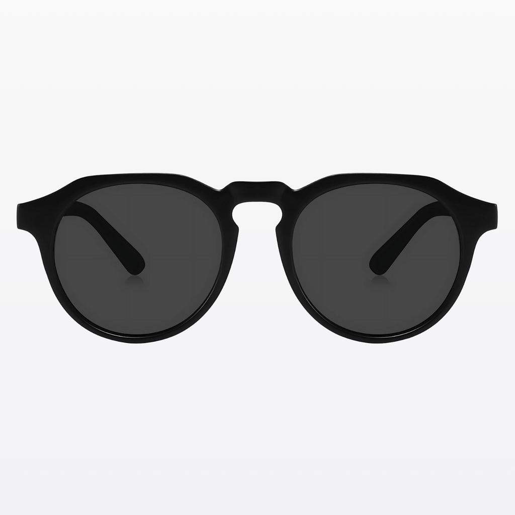 Equinox sunglasses with black round polarized lenses, embodying timeless Italian sophistication and fashion.