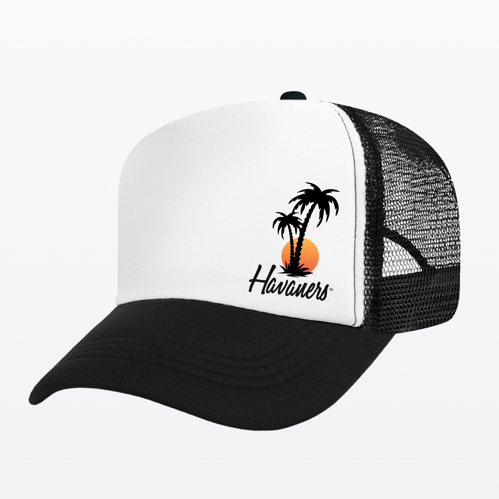 Havaners Sunset Bay Trucker Hat with palm tree design, perfect accessory for sunglasses and outdoor fashion.