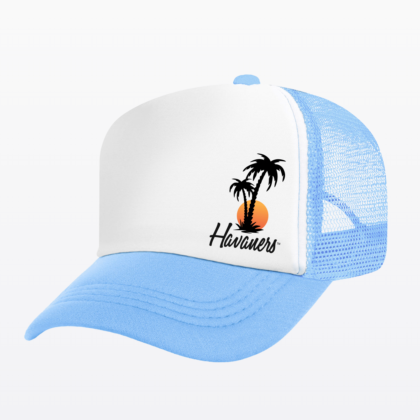 Sunset Bay Trucker Hat by Havaners with palm tree design, perfect for casual fashion and outdoor activities.