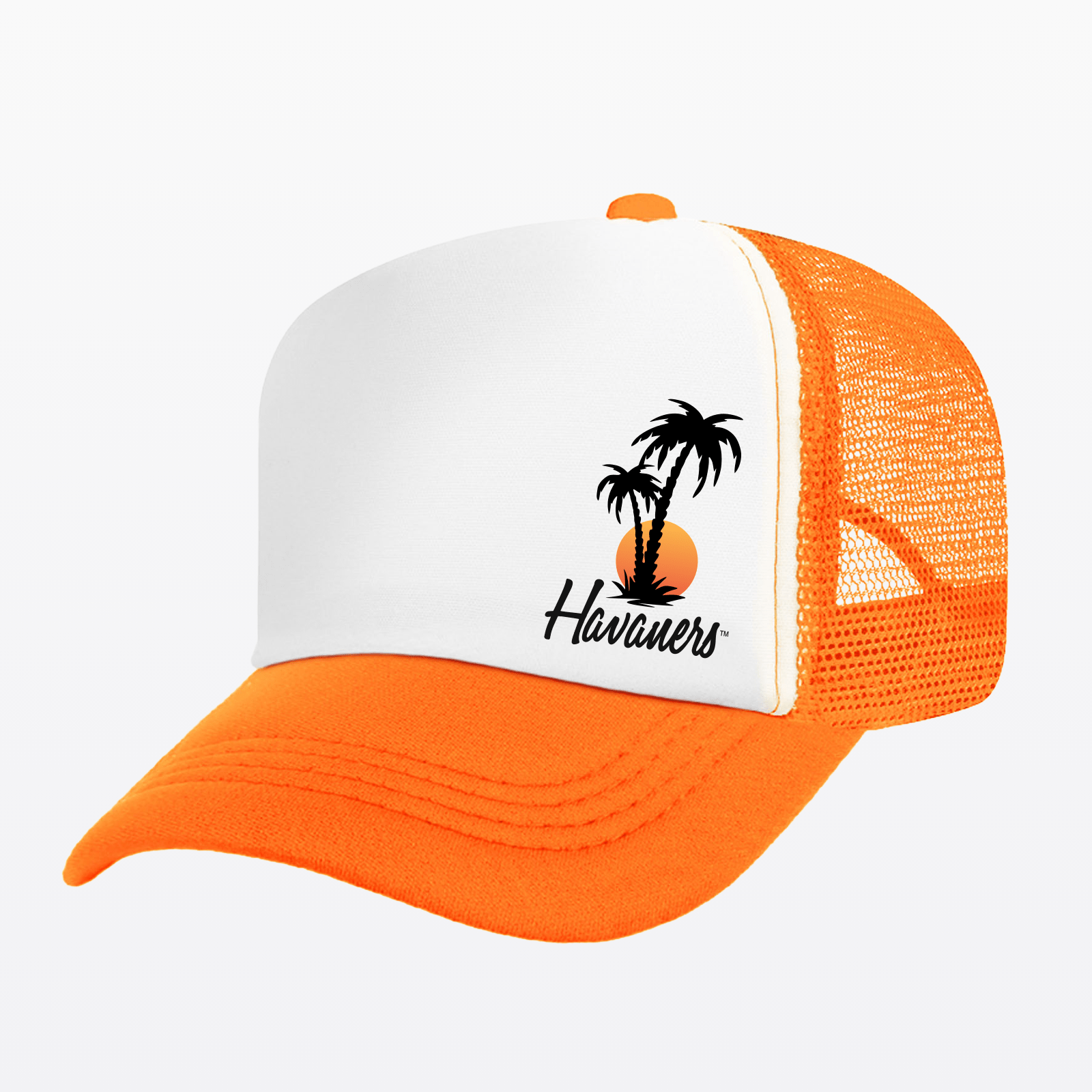 Sunset Bay Trucker Hat by Havaners featuring orange color with palm logo, perfect for outdoor fashion and pairing with sunglasses.